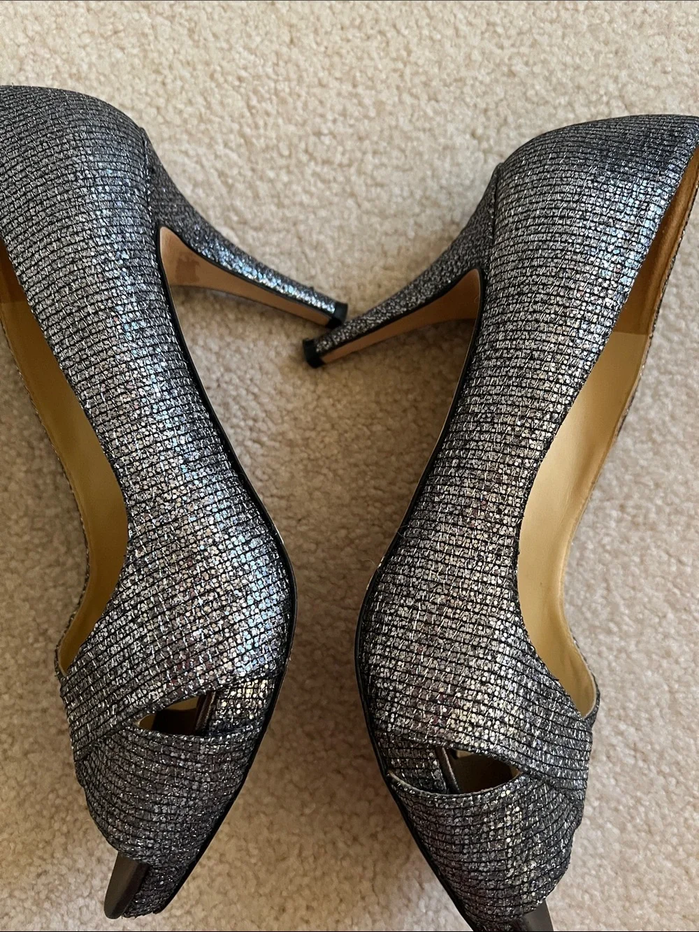 Kate Spade Metallic Silver Peep Toe Heels Pumps Size 9.5 Made in Italy